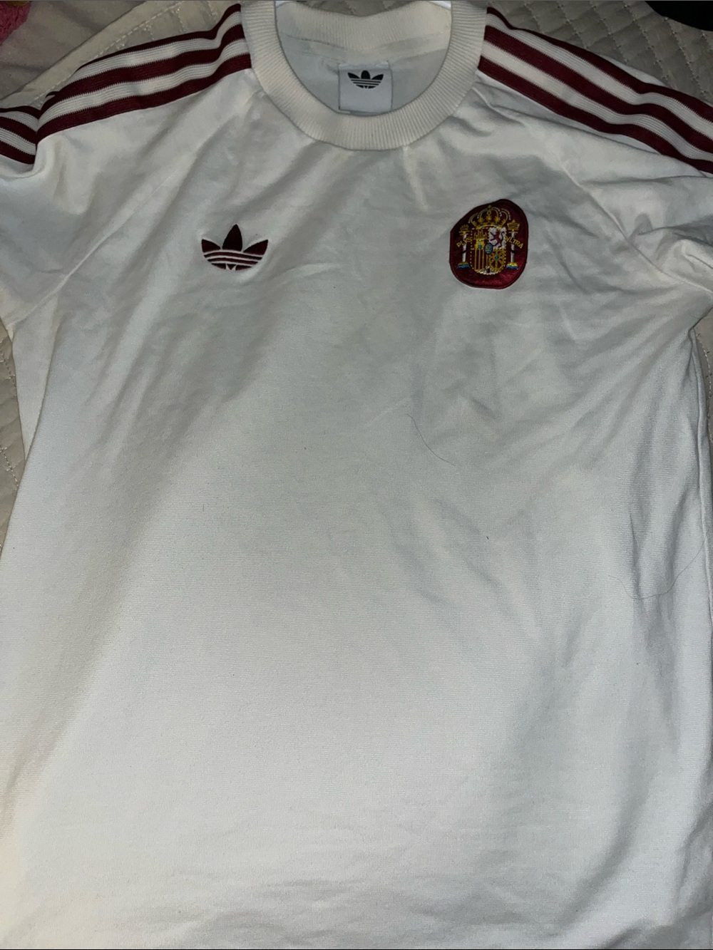 adidas White Tee with Burgundy Stripes and Spain Crest